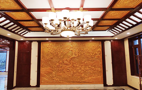 灵川中式别墅客厅中式木作横梁吊顶装饰展示