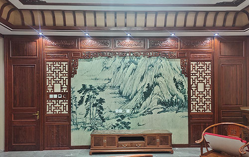 灵川中式仿古别墅客厅背景墙花格木作装饰